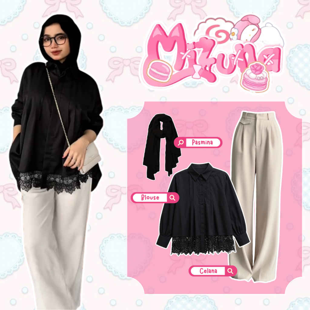 One Set Korean Style 3in1 Wanita / Jema Blouse Katun Toyobo + Oro Pants Semi Wool + Pasmina Ceruty /