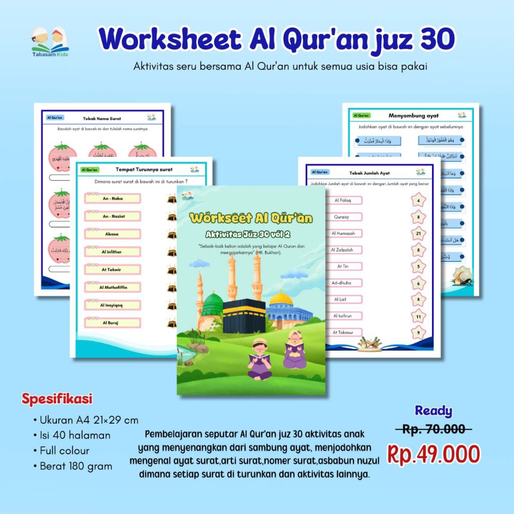 Buku Aktivitas Anak Juz 30 40 hal - Worksheet Al Quran juz 30 lengkap