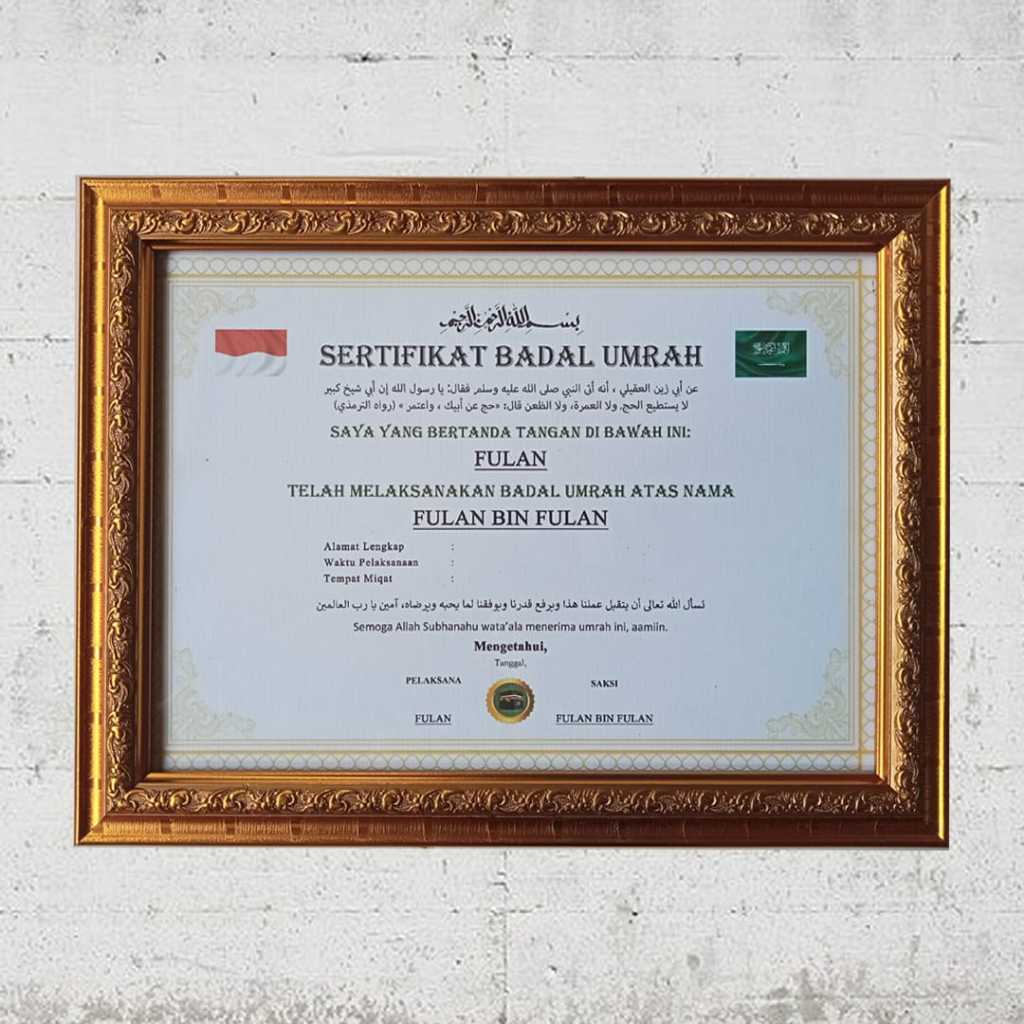 Sertifikat Badal Umroh/Haji Dengan Bingkai Dan Laminating
