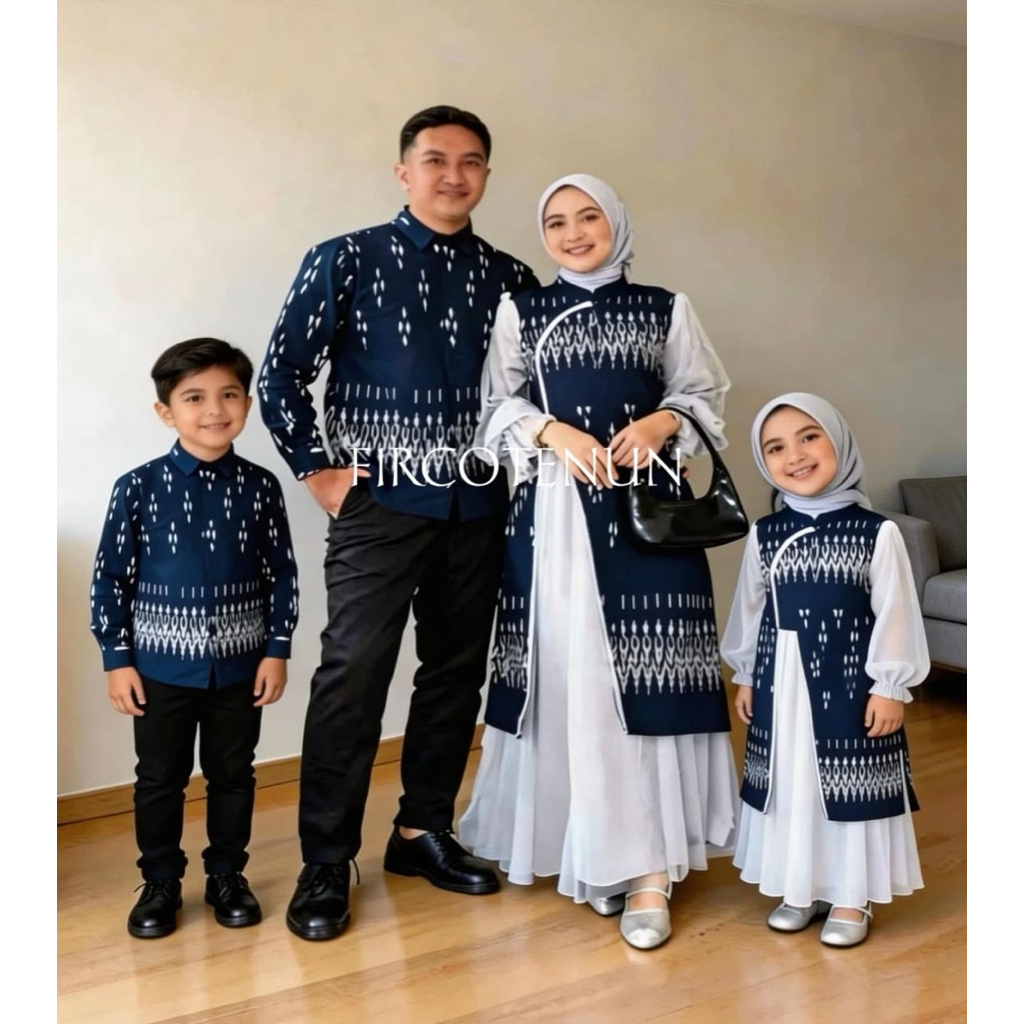 Couple Keluarga Tenun Slavina Navy - Sarimbit Keluarga Tenun - Kemeja Tenun Pria & Dress Tenun Wanit