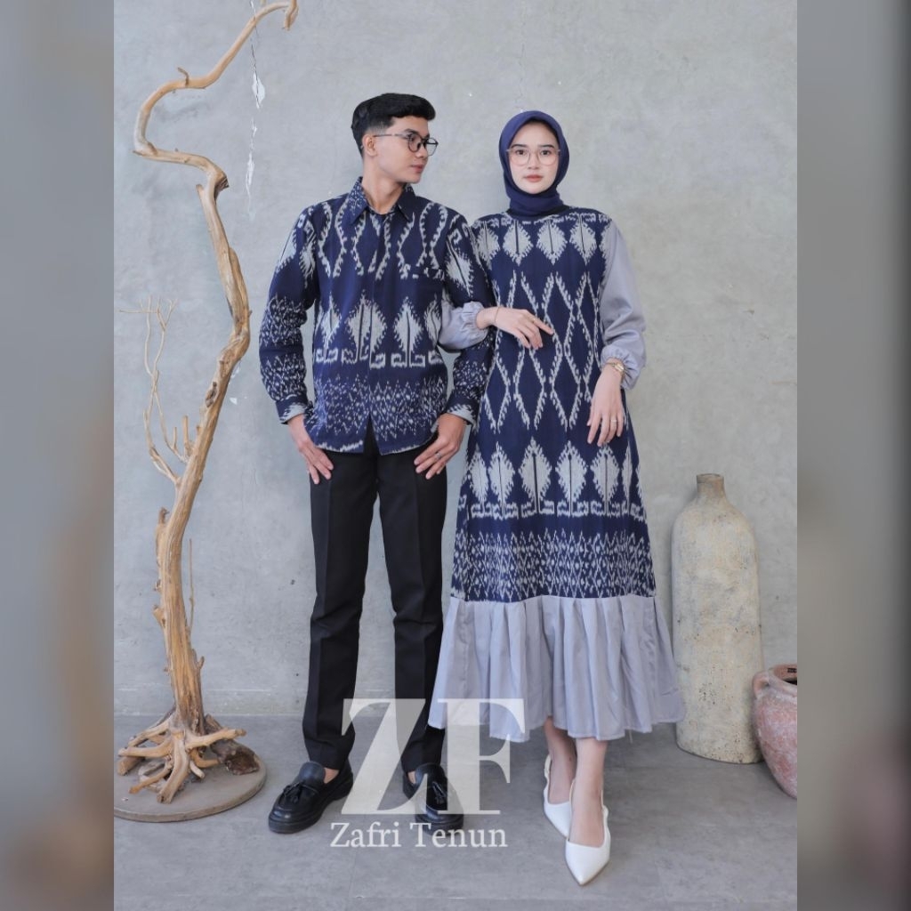 BAJU TENUN COUPLE DRESS KARINA NAVI COUPLE PASANGAN KONDANGAN BAJU SERAGAM KELUARGA LEBARAN