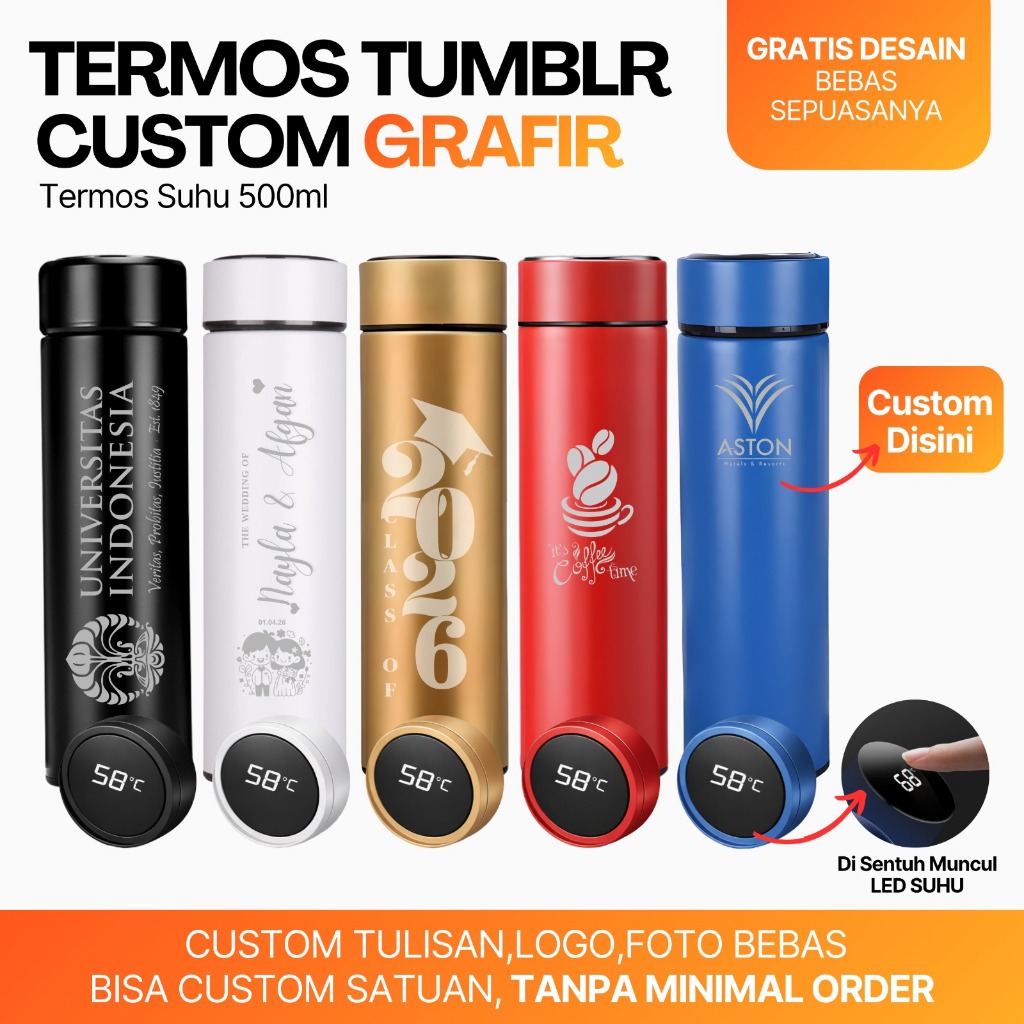 TERMOS TUMBLER LED CUSTOM GRAFIR PRINTING PREMIUM BOTOL AIR PANAS DINGIN FREE CUSTOM LOGO NAMA DAN L