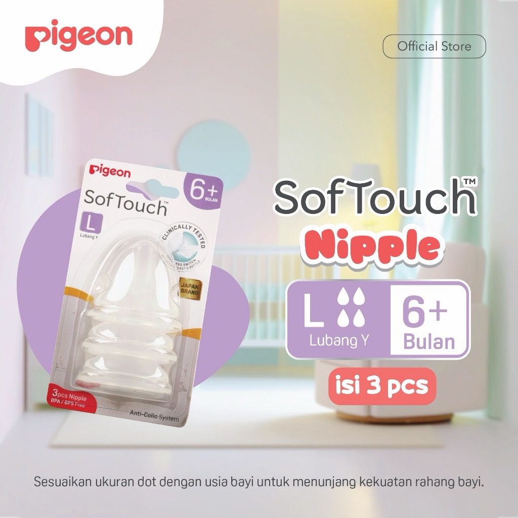 PIGEON SofTouch Nipple Wide Neck - 3pcs Blister Original Asli | Size L Lubang Y usia 6 bulan keatas