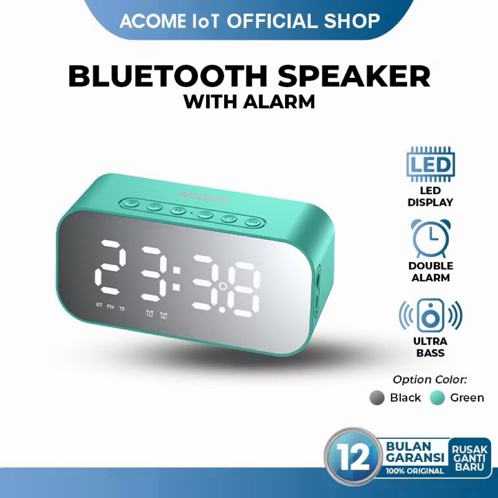 INSTANT Acome Speaker Bluetooth 5.0 Jam Alarm LED Display Ultra Bass Garansi Resmi 1 Tahun A5 - Acom