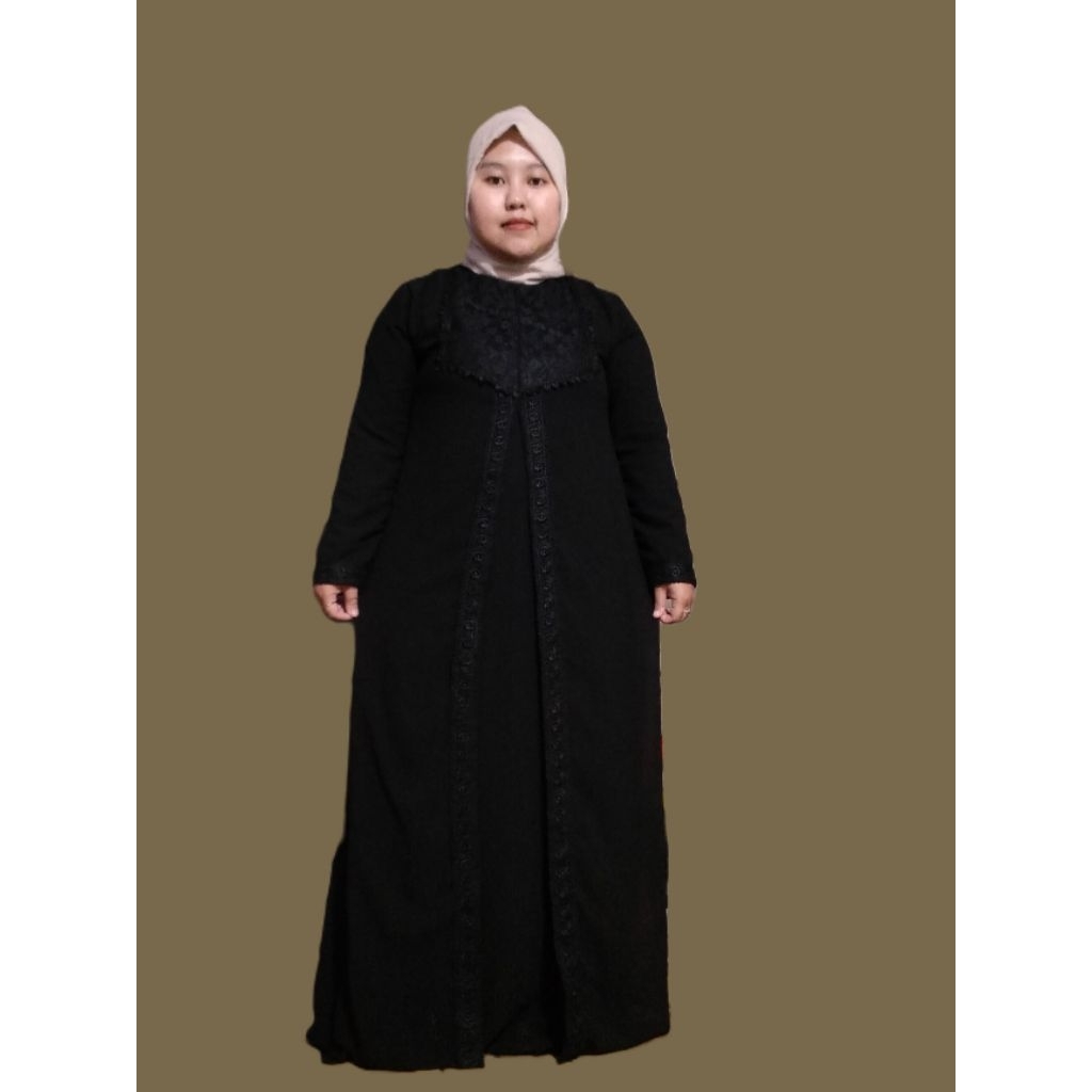 Dress gamis ceruti full furing hitam&putih bw mix barukat motif renda