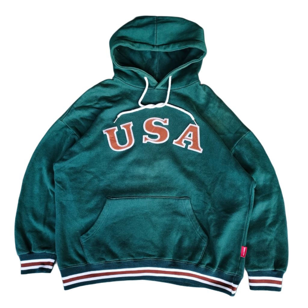 Hoodie USA bordir patch timbul tulisan spellout hijau botol tebal boxy besar L-XL