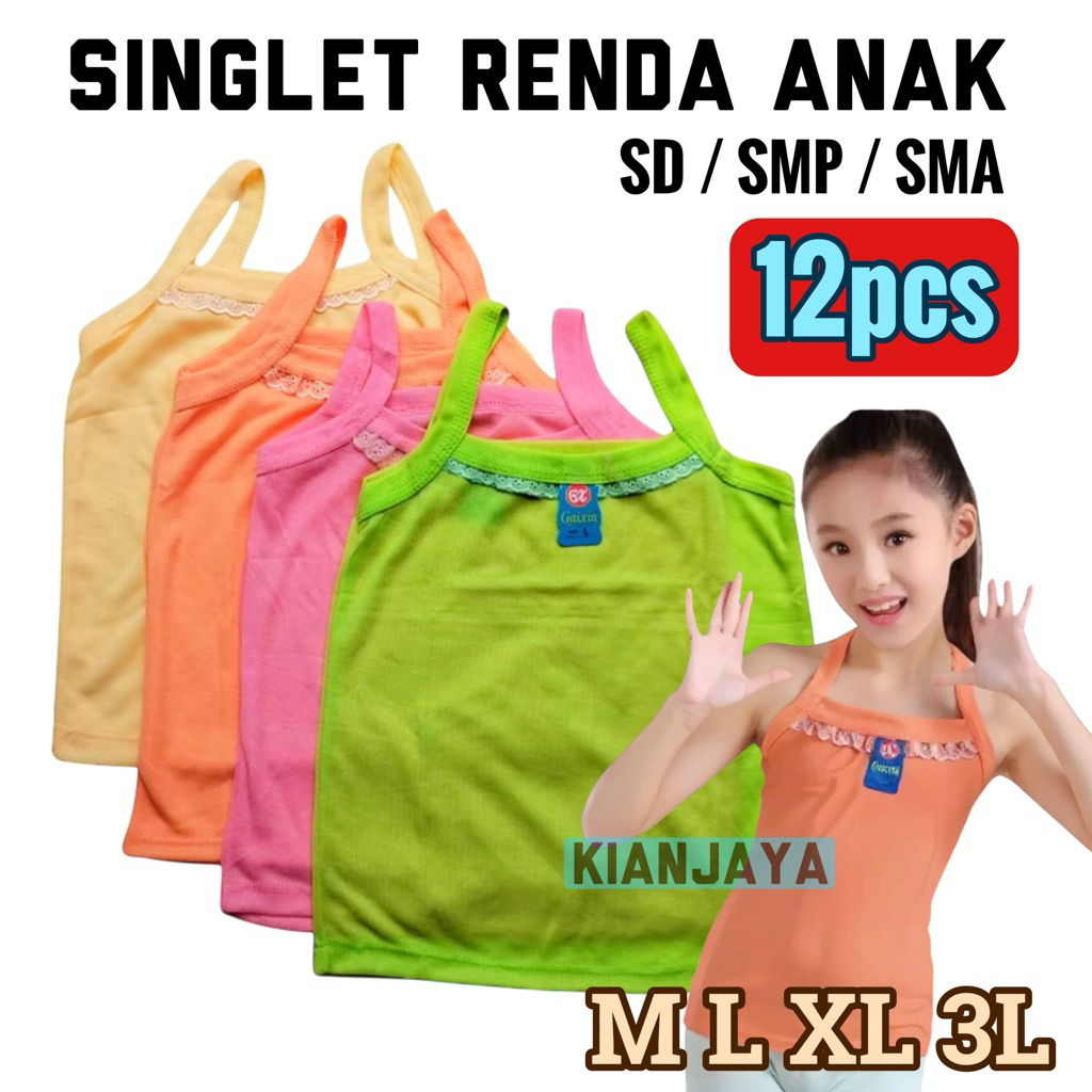 1 LUSIN / 12 PCS SINGLET RENDA ANAK PEREMPUAN REMAJA SD SMP SMA TANKTOP KAOS DALAM