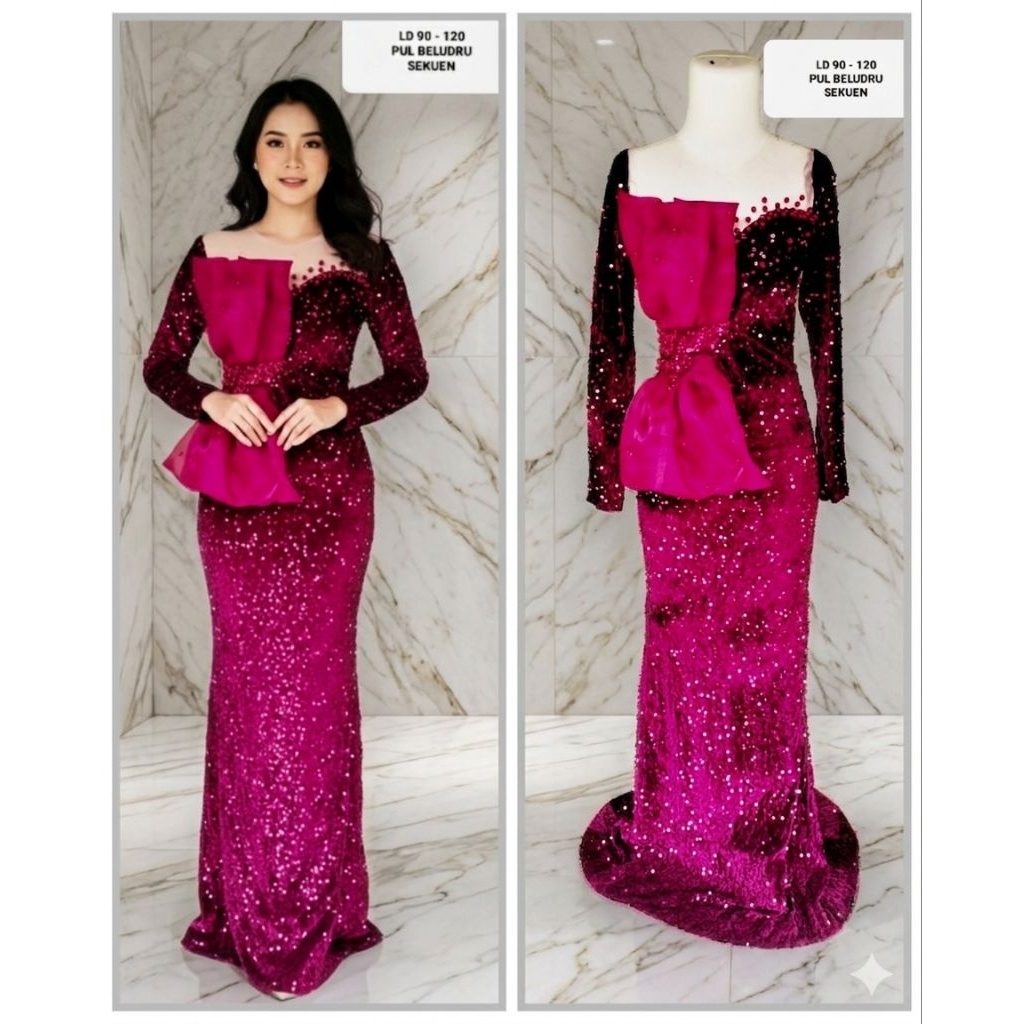 BAJU PENYANYI DAN PESTA DRESS WARNA MERAH MARUN  TANGAN PANJANG PUL BELUDRU SEKUEN LD 90 - 120