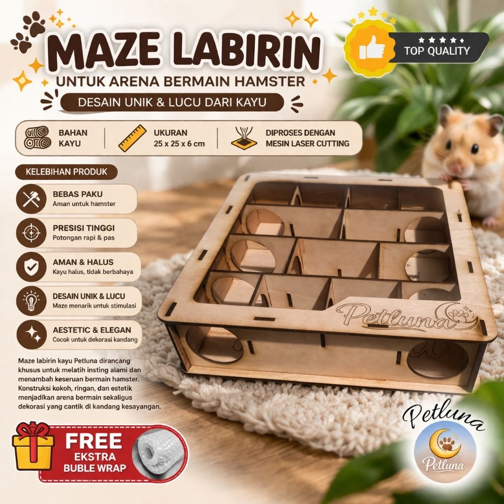 Maze Labirin Hamster Kayu Petluna 25x25x6cm Mainan Hamster Edukasi Aesthetic Laser Cutting Presisi B