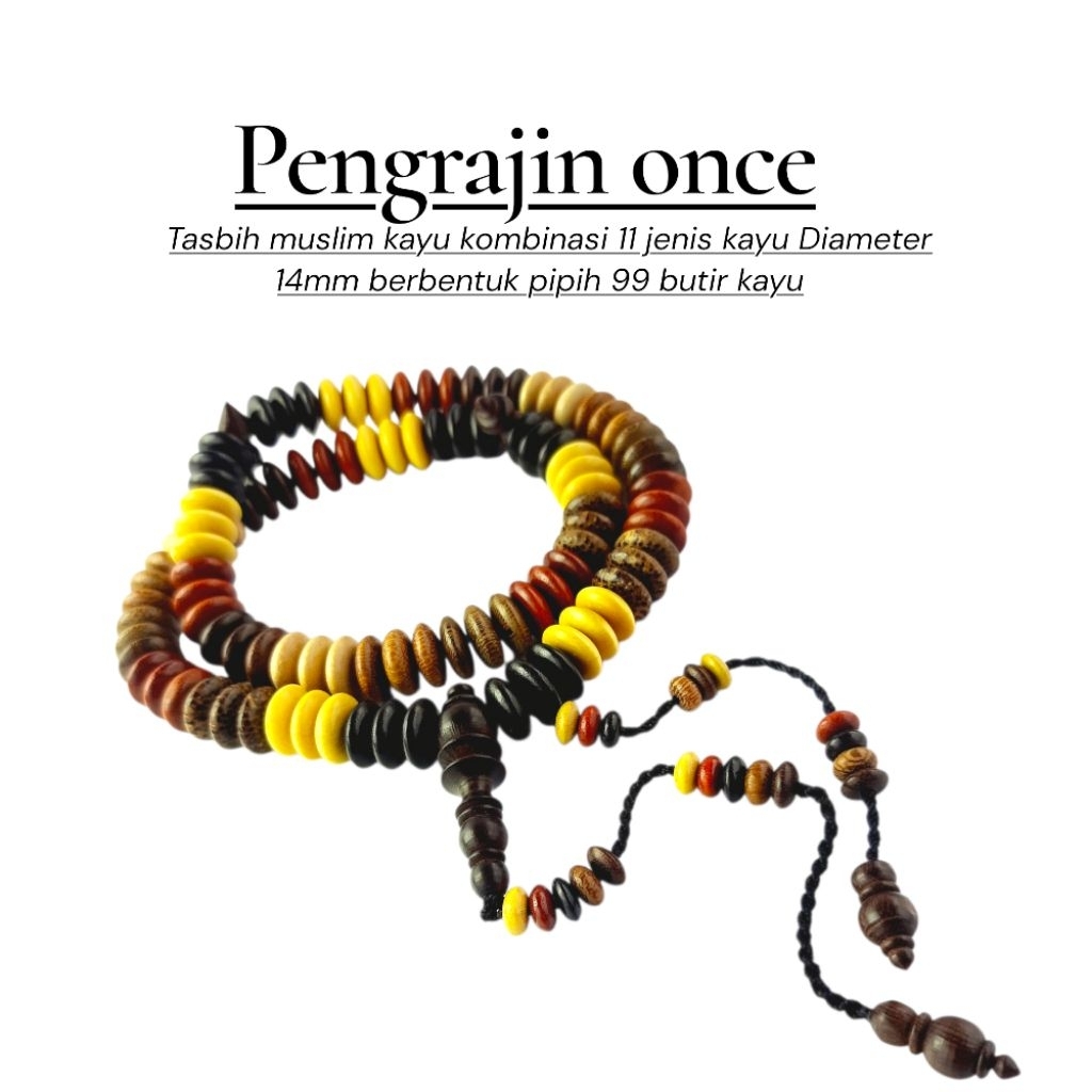 tasbih muslim kayu kombinasi 11 jenis kayu Model pipih 14mm 99 butir