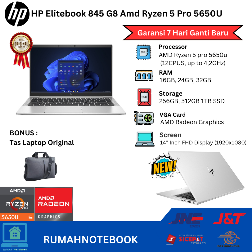 Laptop Baru Hp Elitebook 845 G8 AMD Ryzen 5 pro 5650u Upto 4,2Ghz