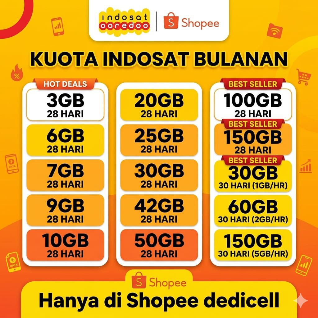 Paket Kuota Internet Indosat Freedom 5.5Gb, 6.5Gb, 9Gb, 16Gb, 25Gb, 42Gb, 50Gb, 60Gb, 100Gb Full 24J