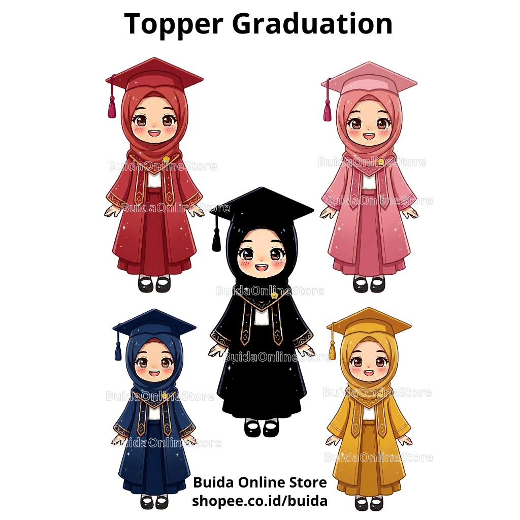 Topper Gambar Karakter Kartun Perempuan Hijab Cantik Wisuda Graduation Toga Pink Hitam Kuning Merah 