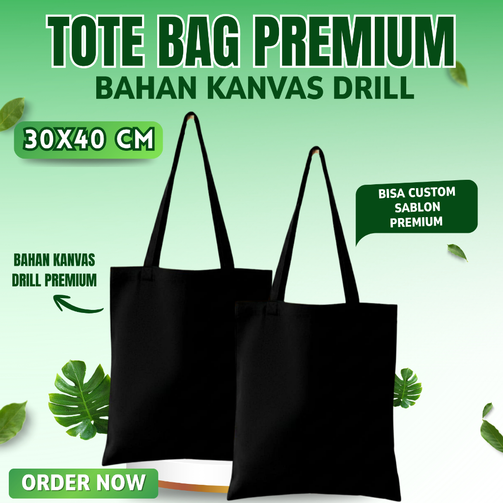 Totebag Tote Bag Hitam 30x40 cm Kain Drill Kanvas Bisa Custom Perekat dan Resleting, Totebag Tote Ba