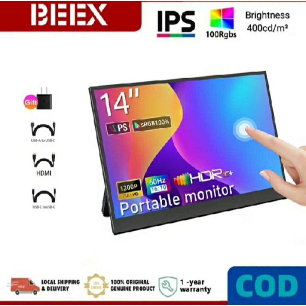 Portable Monitor BeeX 14" Full HD Portable Gaming Monitor Cable PS4 Nintendo Switch
