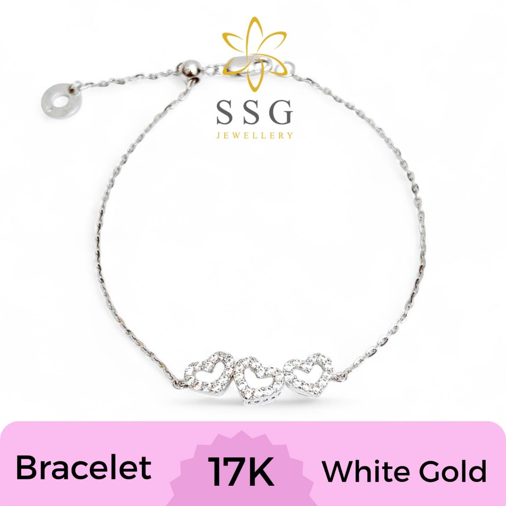 Gelang Rantai Serut Variasi Permata Hati White Gold / Emas Putih 17K - SSG JEWELLERY
