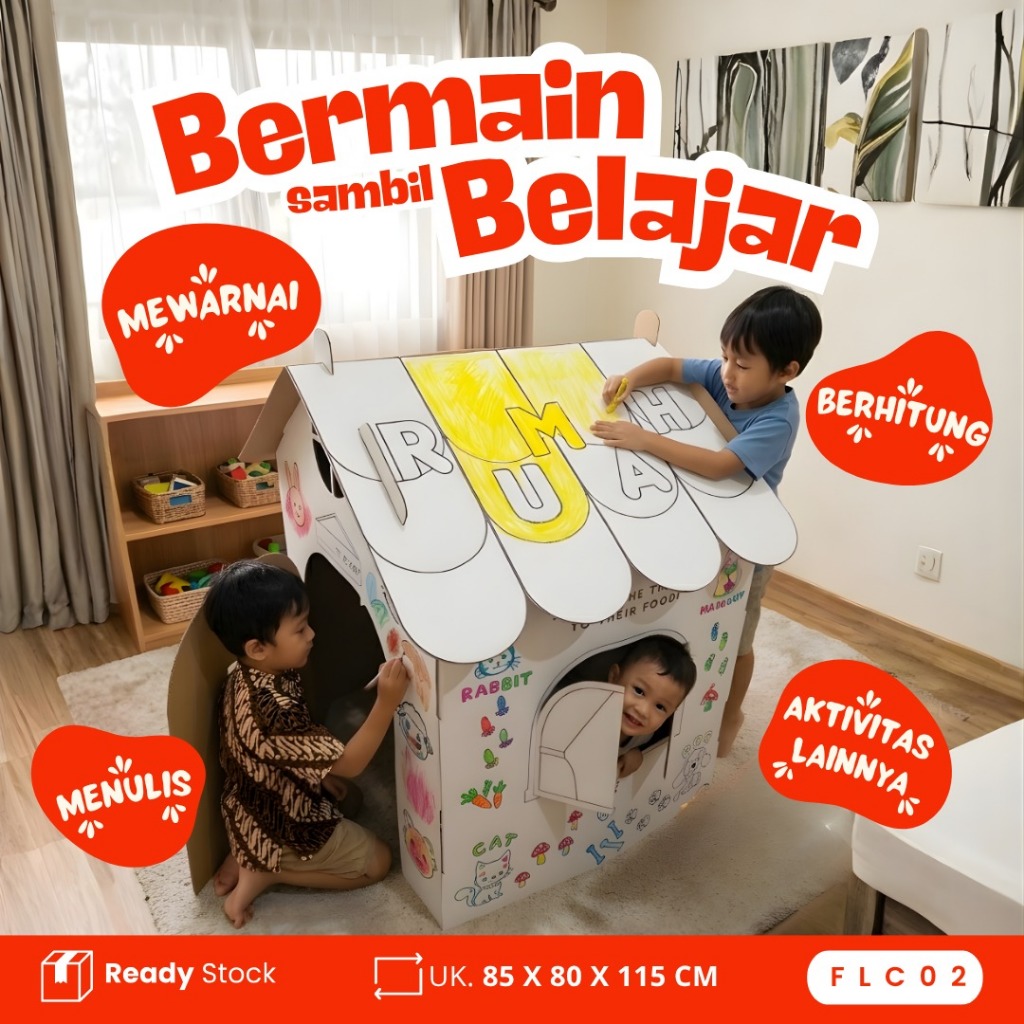Rumah Kardus Anak Besar Playhouse DIY Coloring Box Mainan Edukasi Anak 3+ Rumah Mainan Anak Indoor O