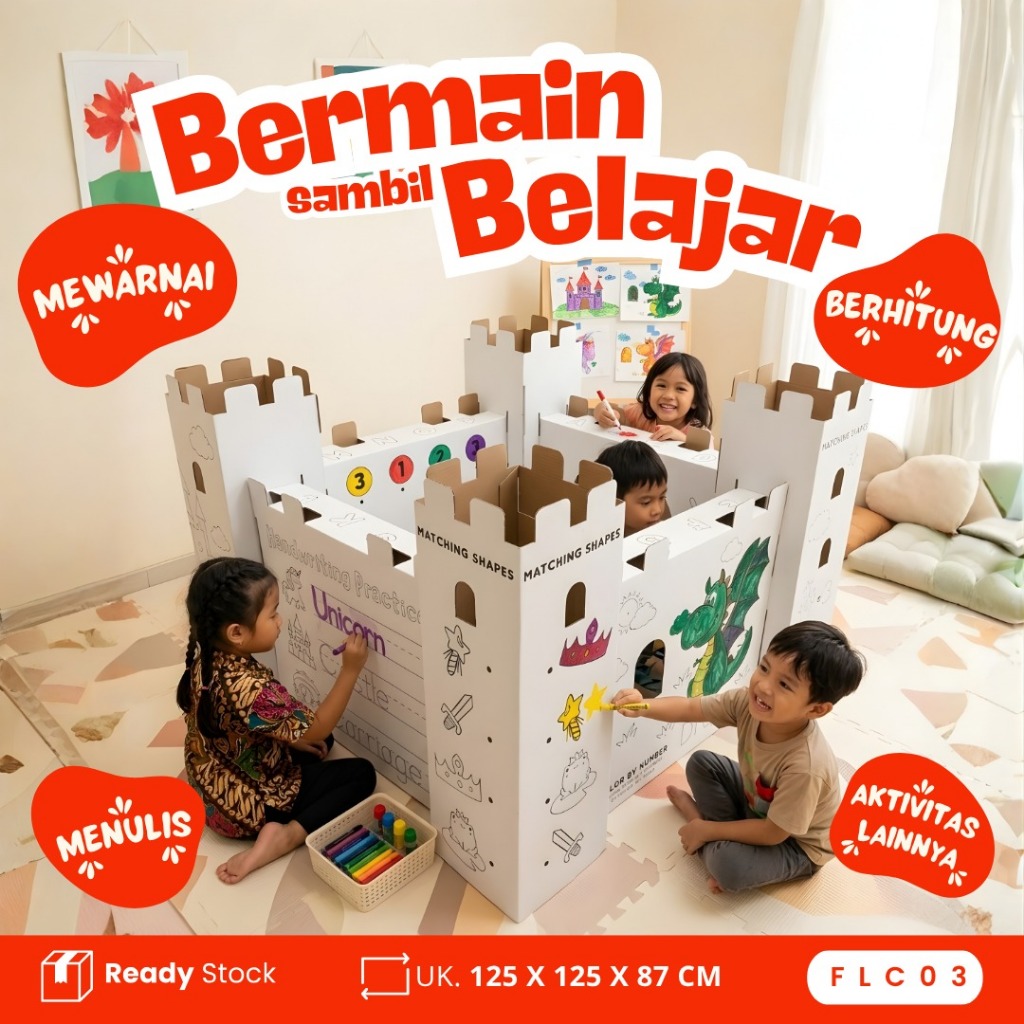 Rumah Kardus Anak Castle Benteng Playhouse Besar DIY Coloring Box Mainan Edukasi Anak 3+ Rumah Maina
