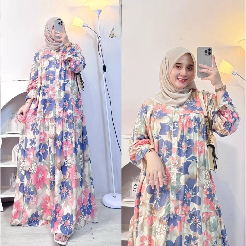 Dewina Dress Wanita Rayon Motif Premium Busui Friendly Gamis rayon jumbo bahan adem kain dingin moti