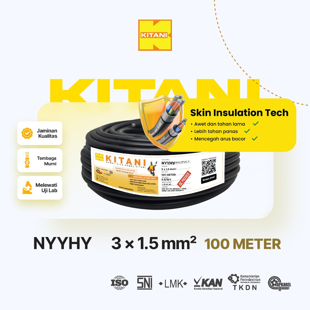 KITANI - NYYHY 3×1.5 mm² - 100 Meter -  Kabel Listrik Tembaga Serabut