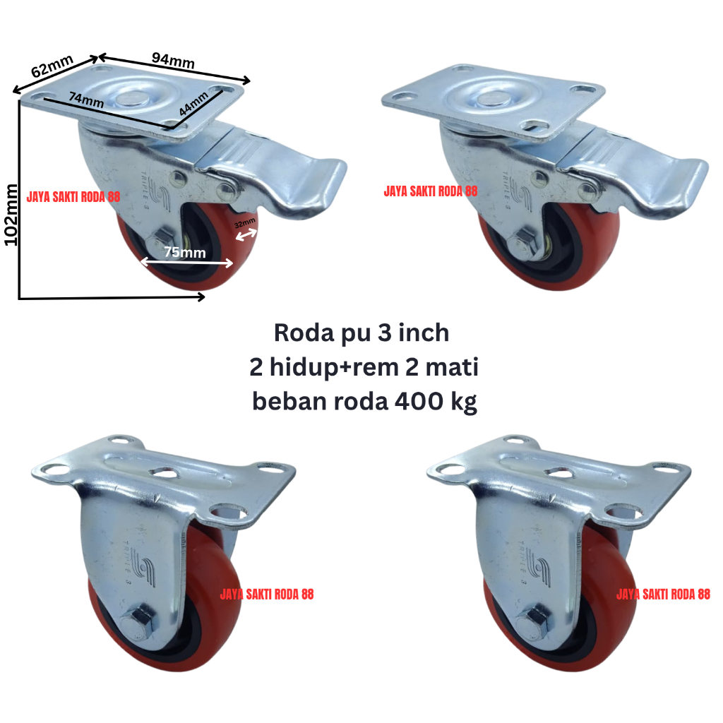 Roda pu merah 3 inch 2 hidup+rem & 2 mati beban roda 400 kg