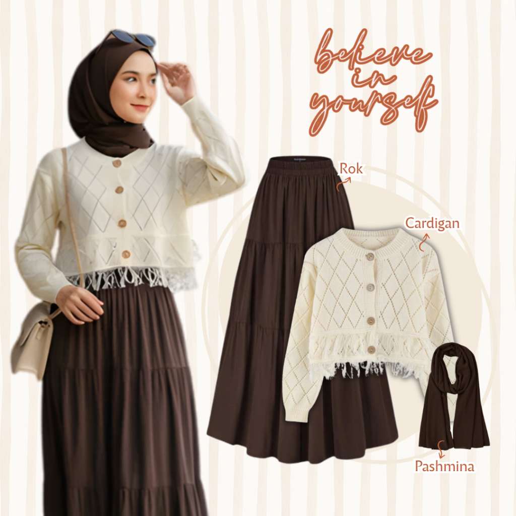 One Set Hijab Rawis 3in1 / Setelan Wanita Kekinian / Cardigan Rajut + Rok Susun Hyget + Pashmina Jer
