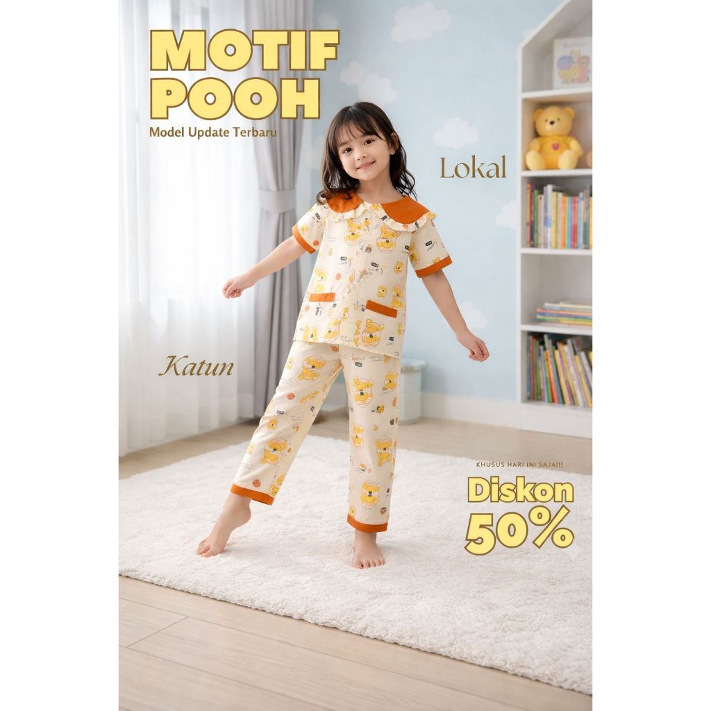 SETELAN PIYAMA POOH ANAK PEREMPUAN CELANA PANJANG USIA 1-10 TAHUN OOTD ANAK KEKINIAN BAJU ADEM TIDAK