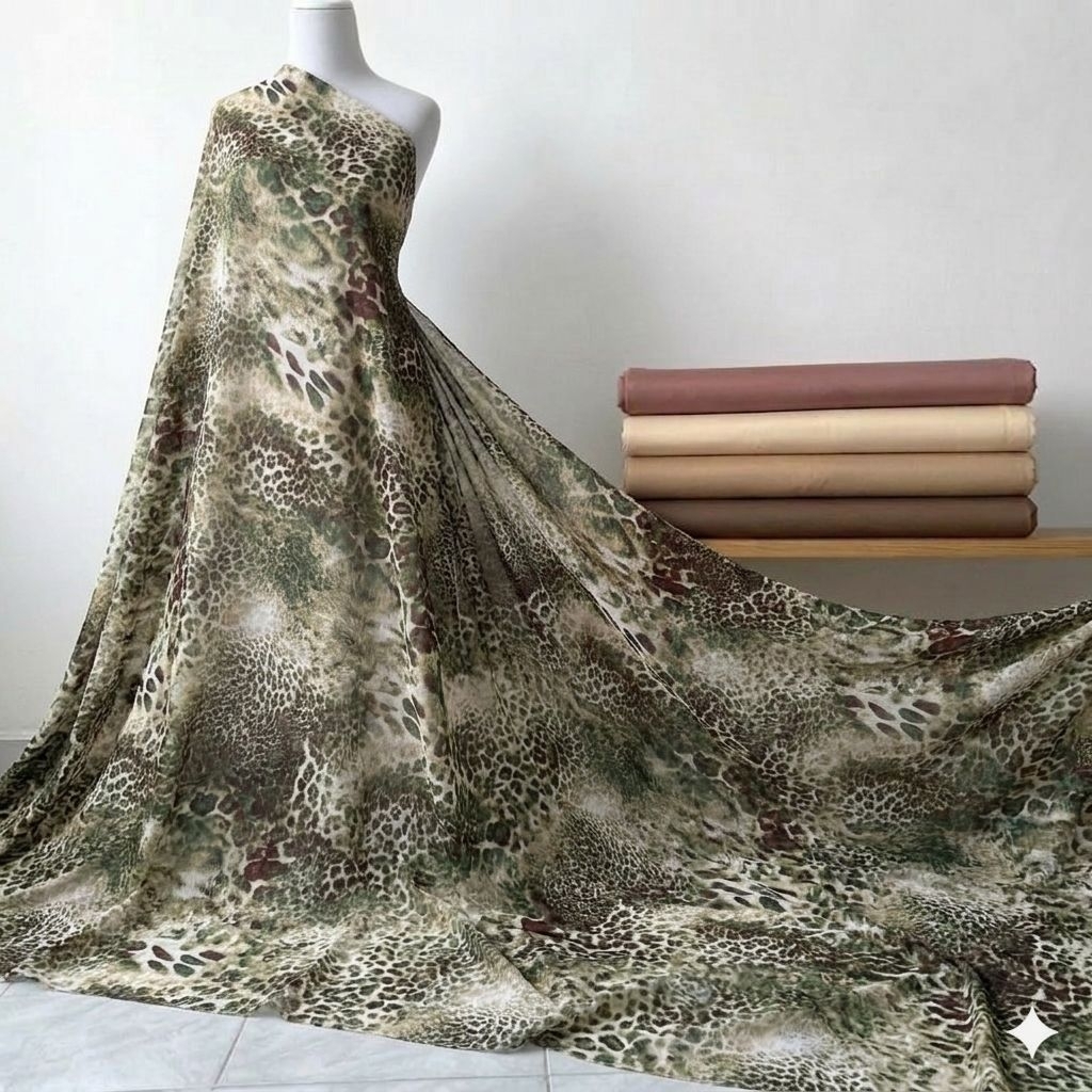 Kain Sifon Sutra Motif Animal Print Abstrak Hijau Coklat – Lembut & Flowing Premium Kyt