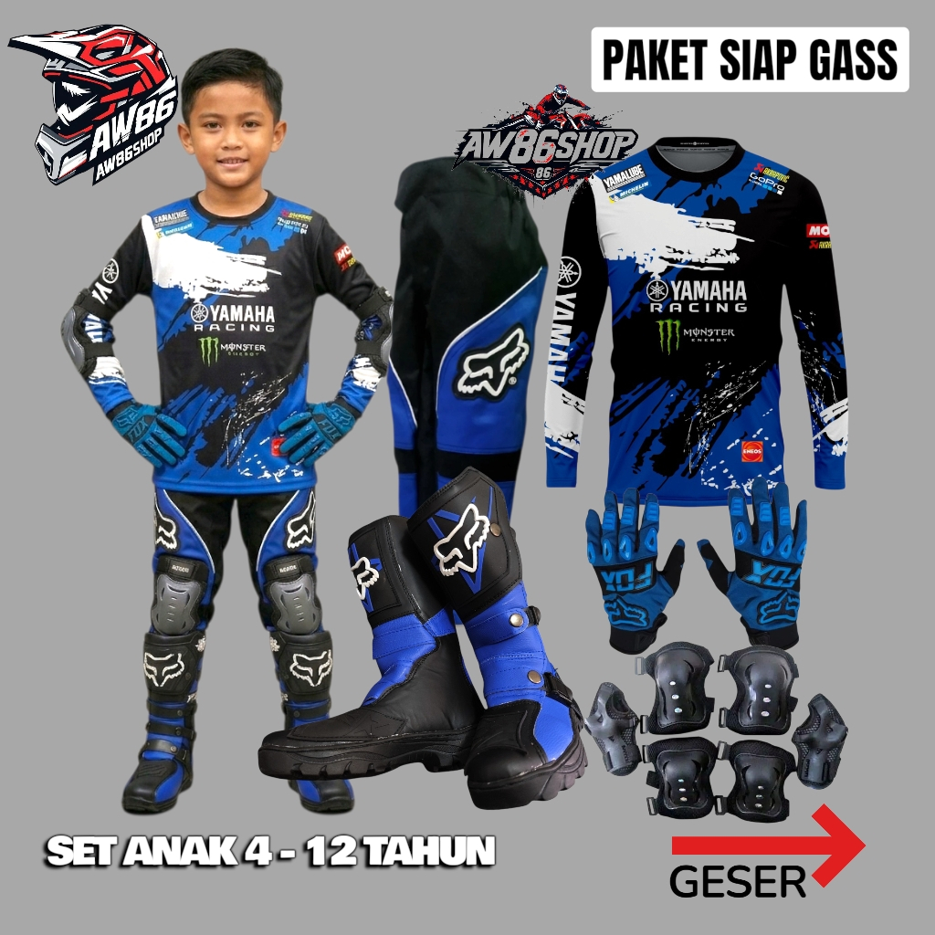 Paket Siap Gass Anak 4-12 Tahun Set Motocross Yamaha Racing Biru Hitam Lengan Panjang Boots Pelindun