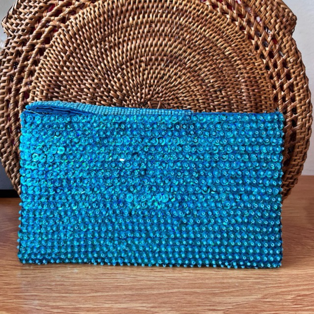 Clutch Pesta Payet Biru Muda Turquoise Meriah - Tas Tangan Kondangan Mewah