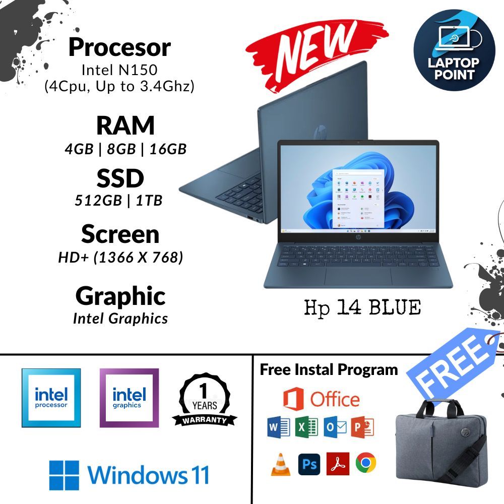 Laptop Baru Hp-14 N150 16/1TB Waterfal Blue