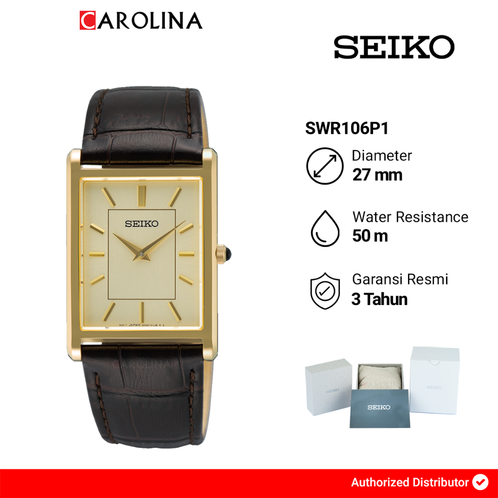 Jam Tangan Pria SEIKO SWR106P1 Tank Gold Dial Brown Leather Strap