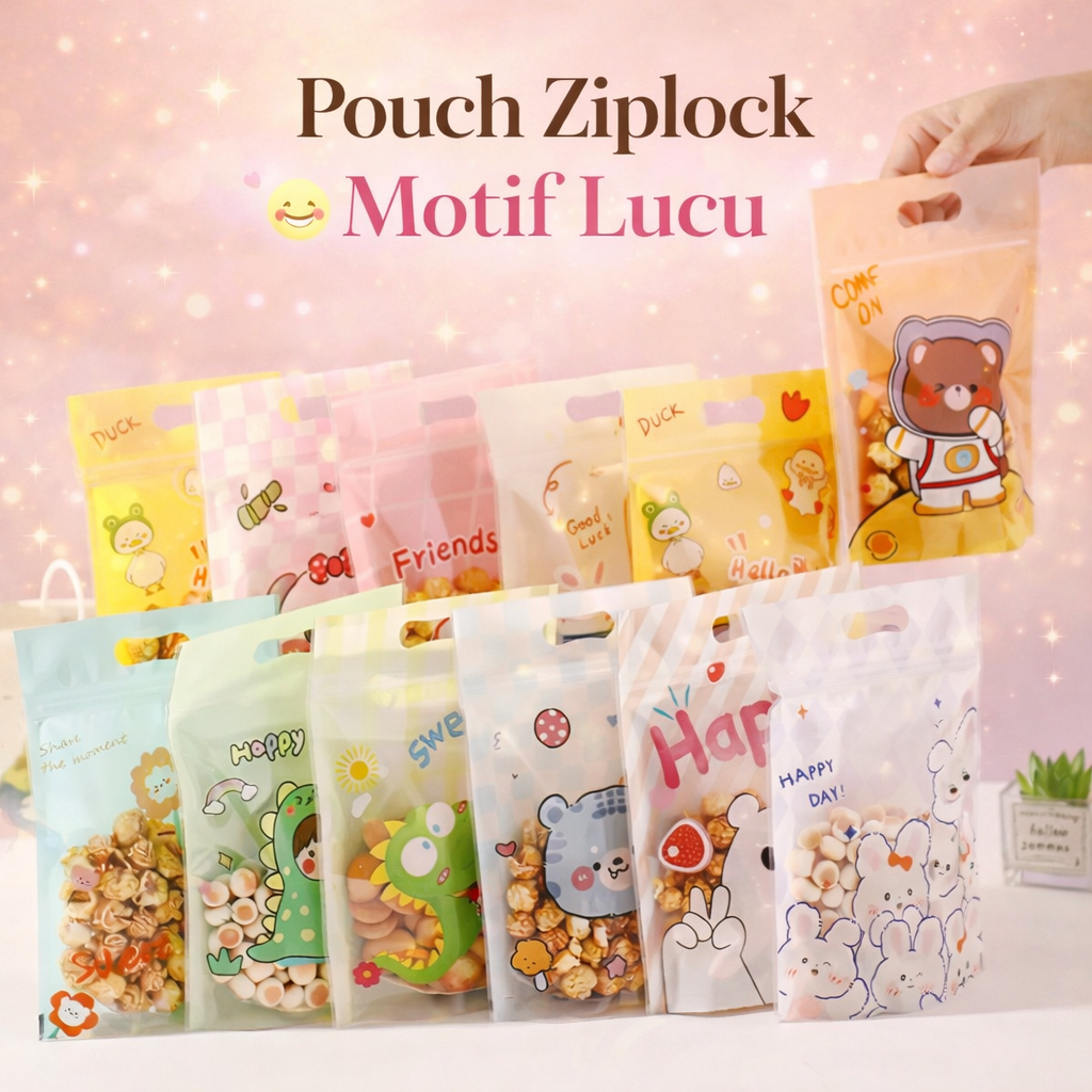 [50 Lembar] Plastik Packaging Ziplock Motif Kartun 15x22+3.5 cm Standing Pouch Snack Cookies Permen 