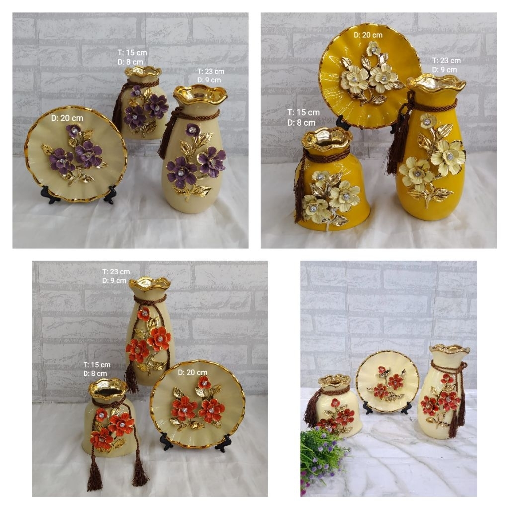 pajangan set 3 pcs piring dan vas bunga timbul/hiasan bufet lemari isi 3 bahan keramik import