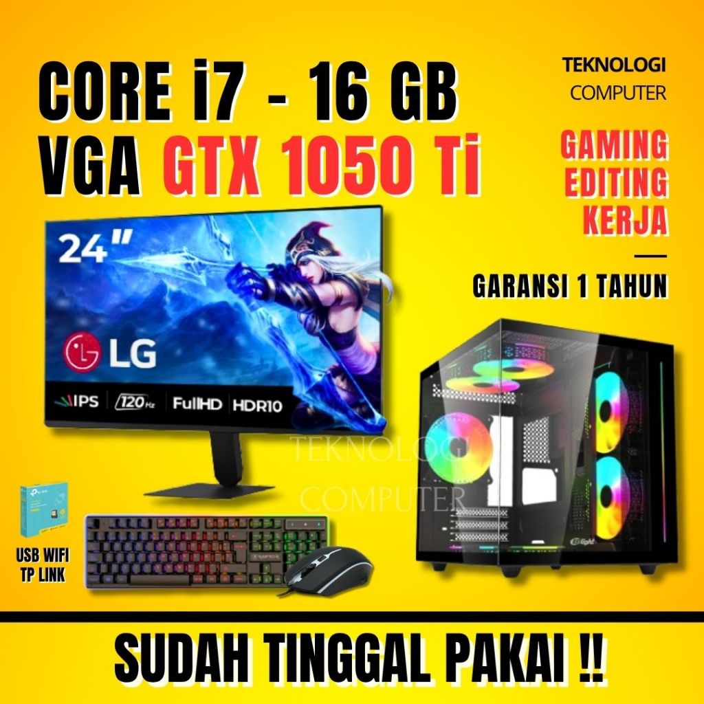 Core i7 | VGA GTX 1050 Ti | Full Set 24" | PC Gaming Editing Rendering | CPU Komputer Rakitan