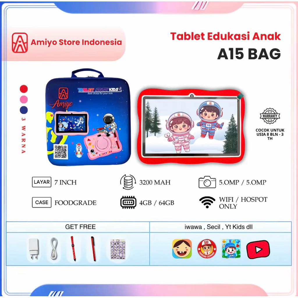 Amiyo A15 dengan tas/ Amiyo A15 + tas/ tablet edukasi anak