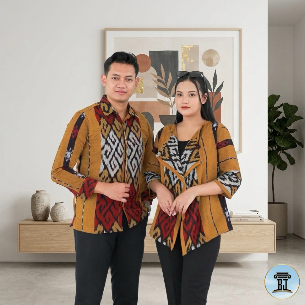 Ready Stok Set Couple Baju Tenun/Sarimbit Motif Tenun Blanket Toraja Kuning Kunyit Terbaru