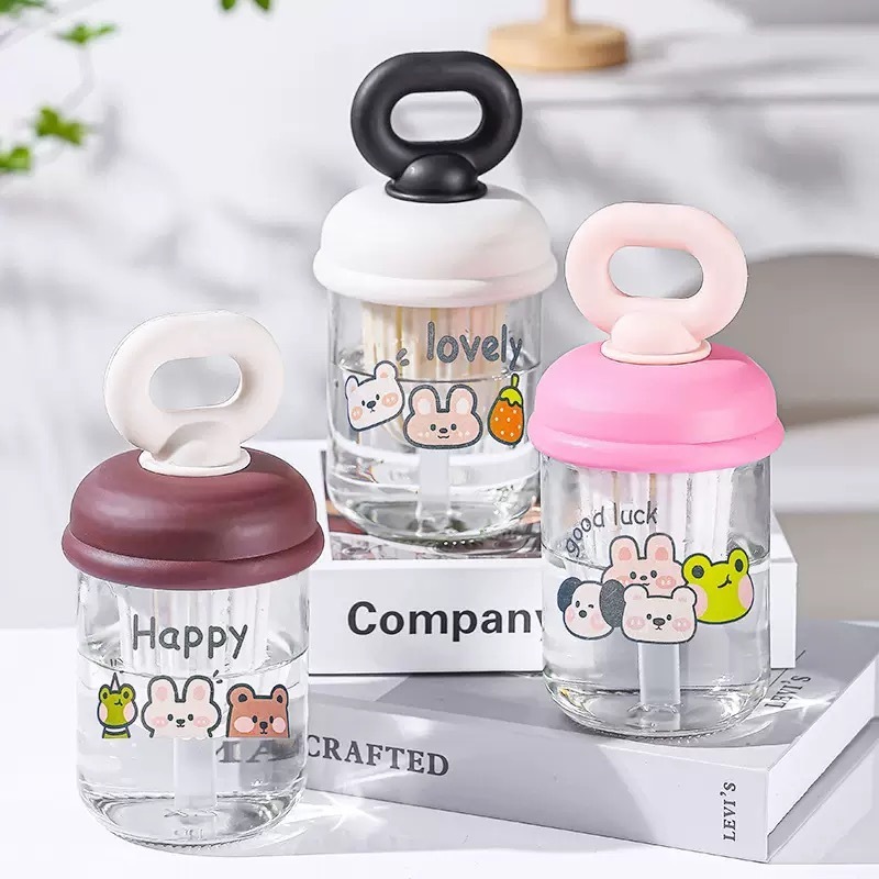 BOTOL MINUM KACA KARAKTER PORTABEL AIR MINUM LUCU KOREA + SEDOTAN 420ML