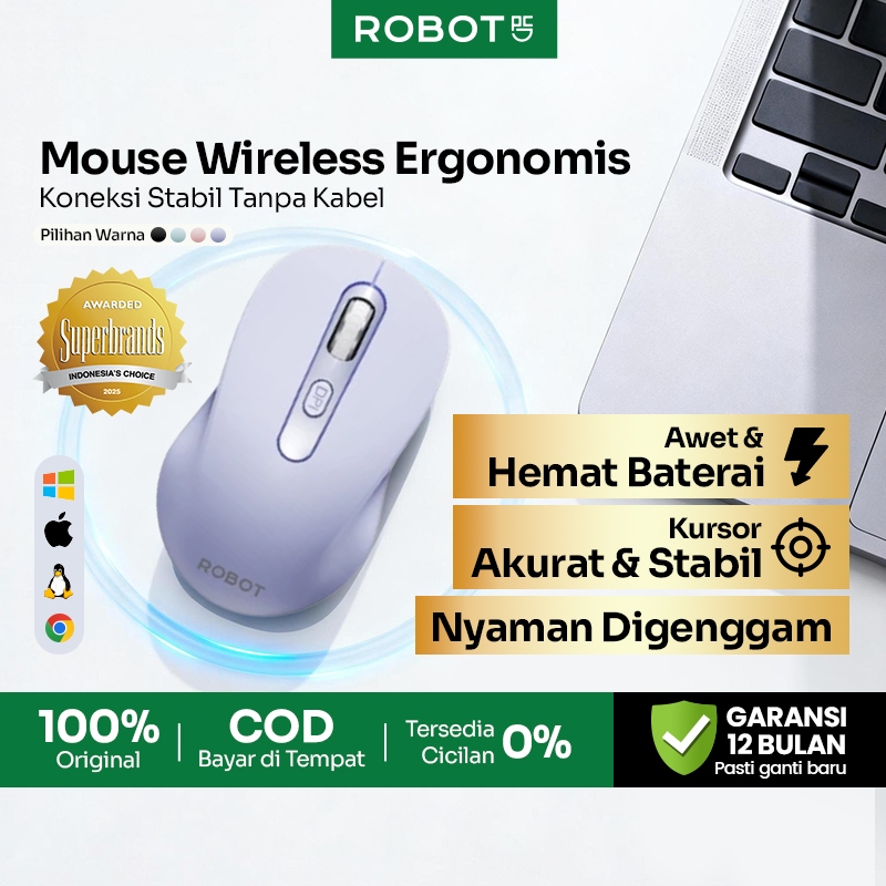 [ BISA PENGIRIMAN INSTAN/SAMEDAY ] ROBOT Wireless Mouse 2.4GHz Comfort Grip Nyaman Digenggam 1600DPI