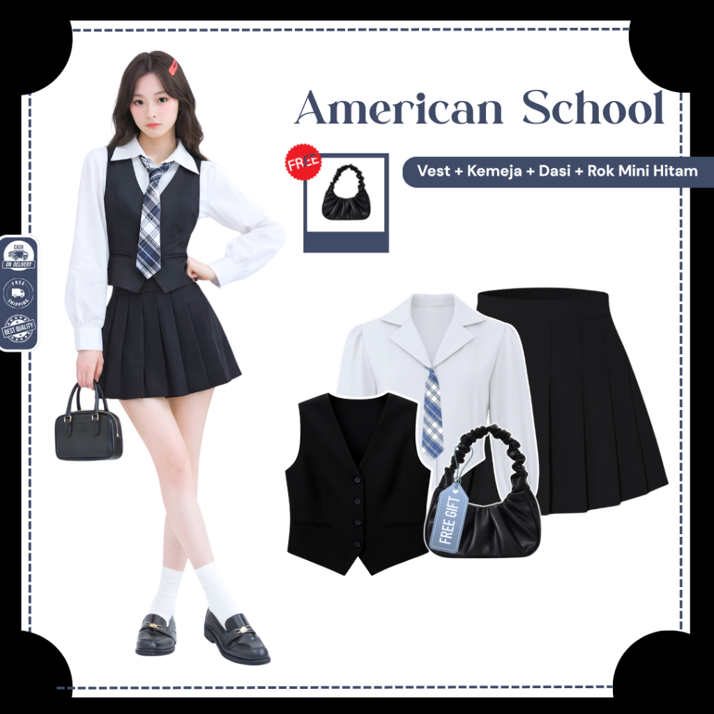 One Set OOTD Yearbook American School (Kemeja Putih, Vest Hitam, Rok Hitam, Dasi Kotak Abu) - N162