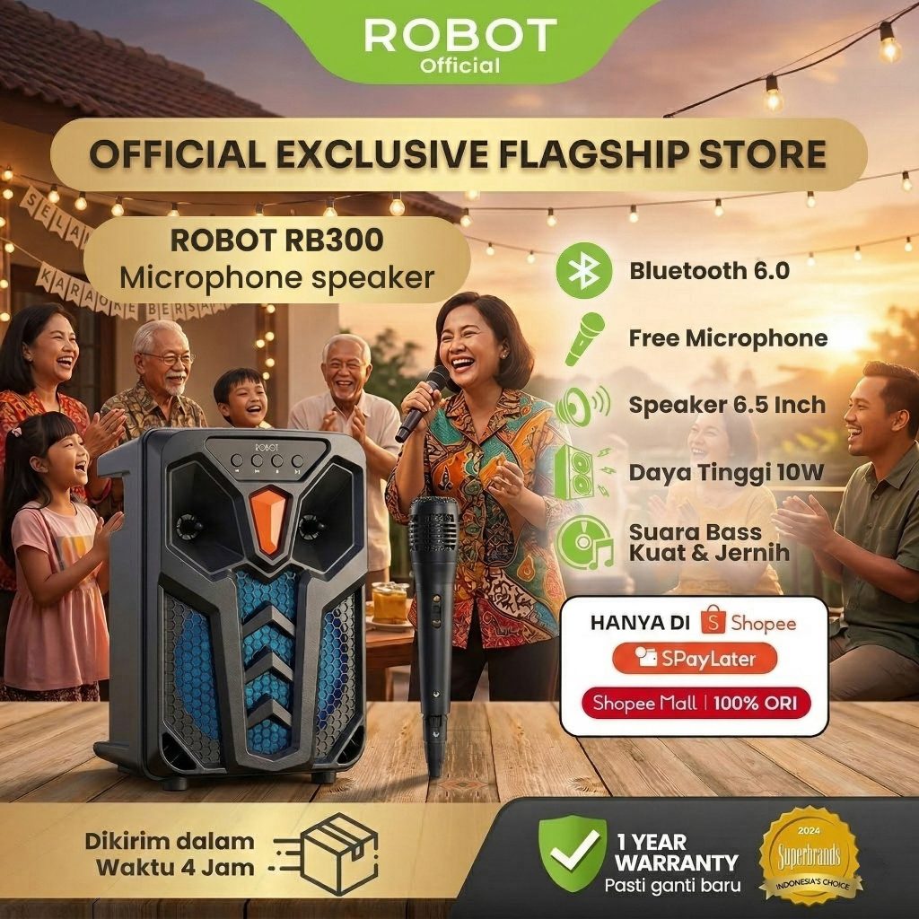 ROBOT RB300 Speaker Bluetooth Karaoke Portable RGB Light Bass Original Mic Kabel - Garansi Resmi 1 T
