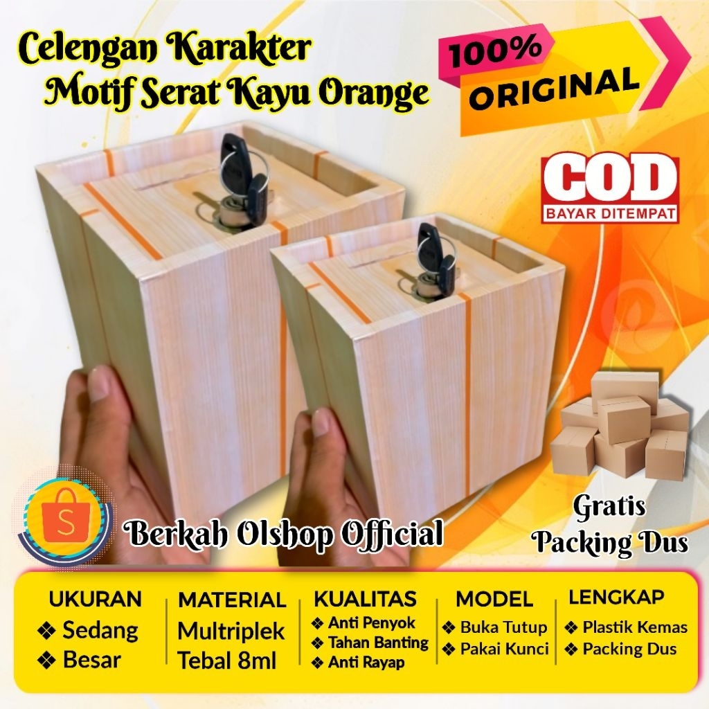 Celengan Karakter Motif Serat Kayu Orange (Pakai Kunci) - Celengan Besar Pakai Kunci - Kado Ulang Ta