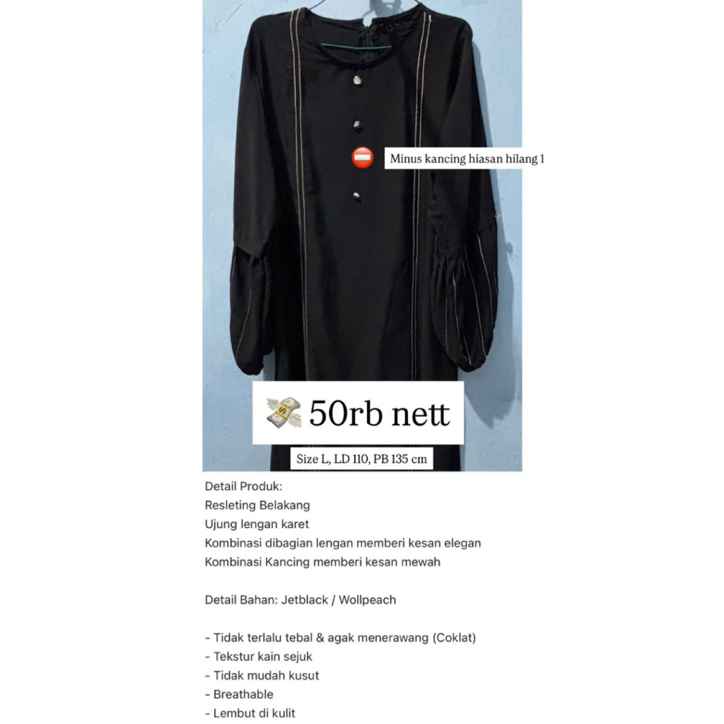 Gamis Abaya Hitam Polos Elegant Preloved Wanita Size L Bahan Adem