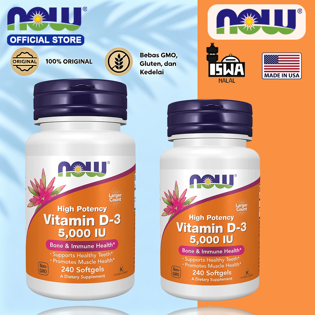 Vitamin Suplemen D3 D 3 5000 IU Now Foods 240 Softgels - Tulang Imun Gigi Sehat Sendi[Baru][100%Impo