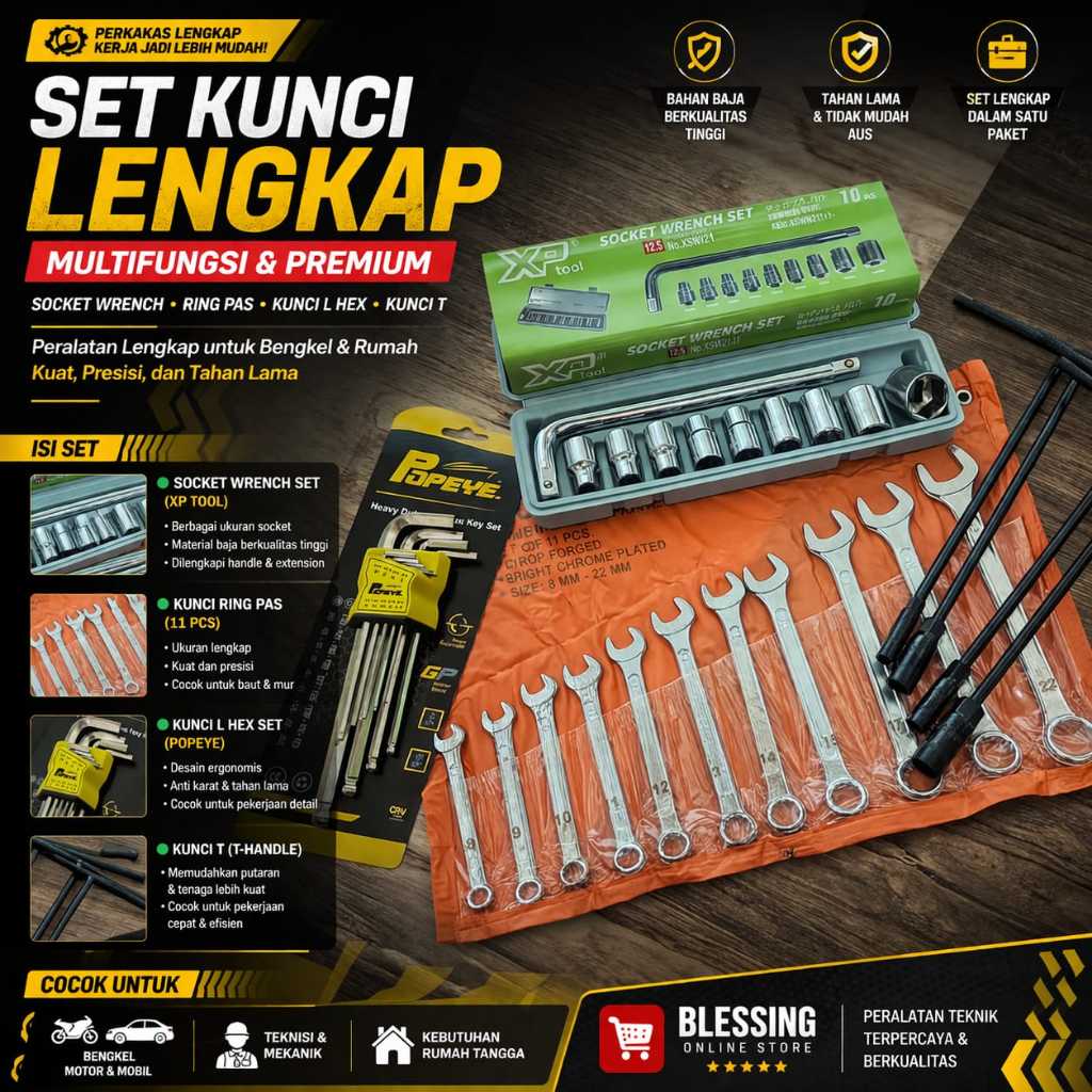 PAKET MURAH Kunci Shock Sock Set 10 Pcs+Ring Pas Set 8-22Mm + Kunci L + Kunci T 4pcs/ Alat Perbaikan