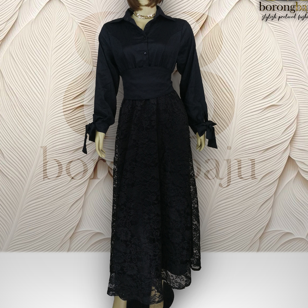 Dress Mix Brokat Mewah Hitam Pekat Berfuring Berkerah Kancing Depan Lengan Panjang Pinggang Karet De