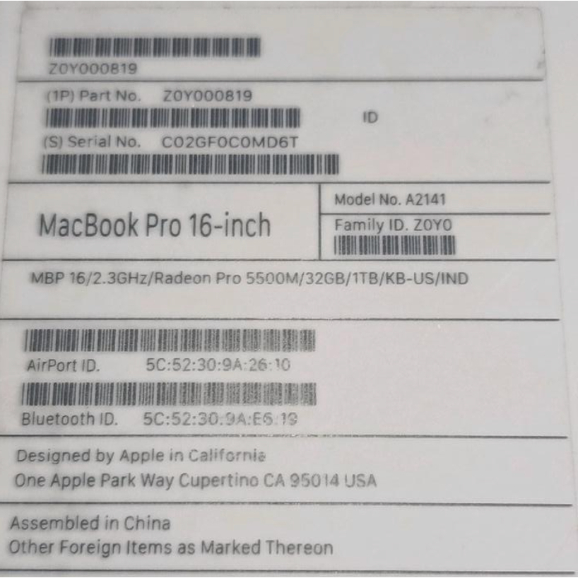 Macbook Pro A2141 Silver 2019 16" 32/1 Tb Original Kardus - Box - Dus