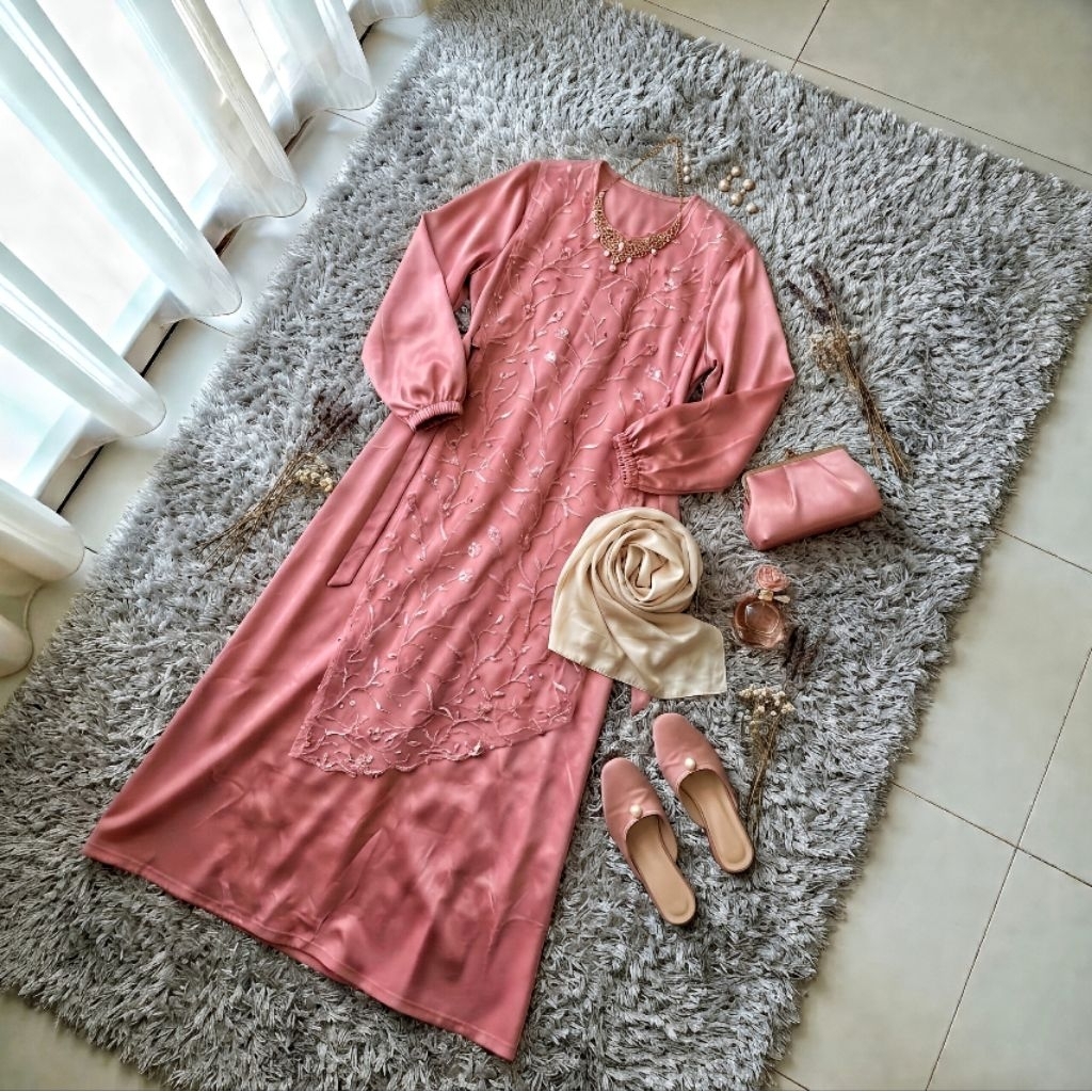 Gamis Pesta Brokat Tile Bordir - Dusty Rose Edition