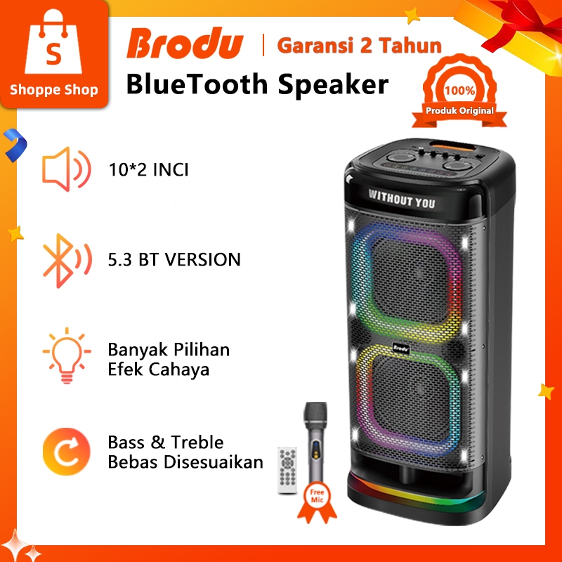 Speaker Karaoke Bluetooth 10 Inch Dual Woofer with Mic, RGB Light Party Speaker Portable Suara Bass 