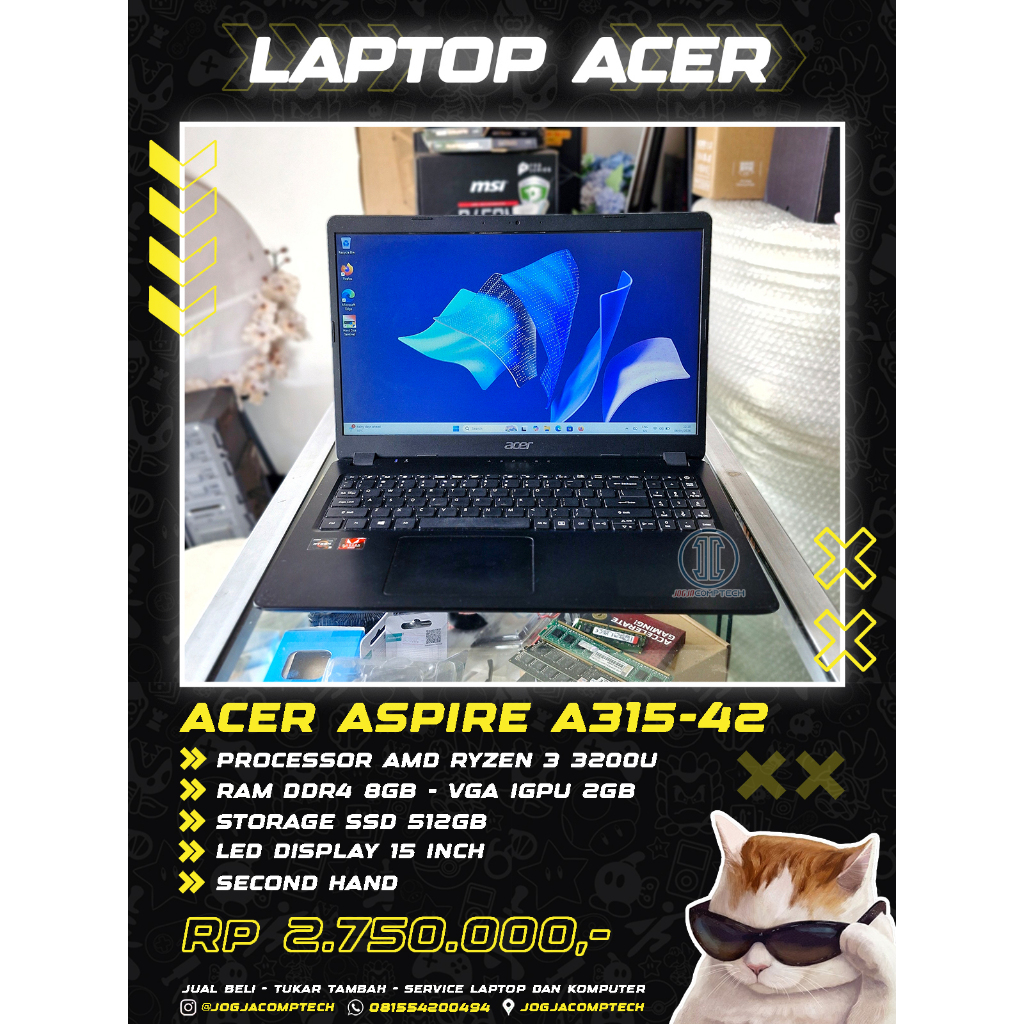 Laptop Acer Aspire A315-42 AMD Ryzen 3 3200u ram ddr4 8gb SSD 512gb VGA IGPU Radeon Vega 2gb Layar 1